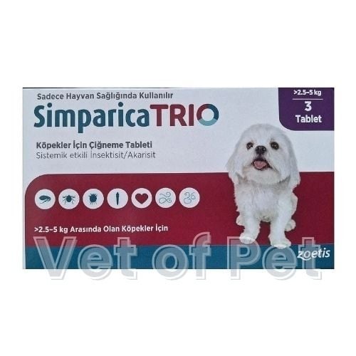 Simparica Trio 2.5 - 5 Kg Arası Köpekler İçin İç Dış Parazit Tableti ( 1 Kutu 3 Tablet İçerir )SKT:02.2027