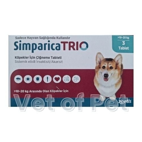 Simparica Trio 10 - 20  Kg Arası Köpekler İçin İç Dış Parazit Tableti ( 1 Kutu 3 Tablet İçerir )SKT:03.2027