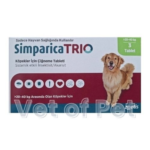 Simparica Trio 20-40  Kg Arası Köpekler İçin İç Dış Parazit Tableti ( 1 Kutu 3 Tablet İçerir )SKT:02.2027