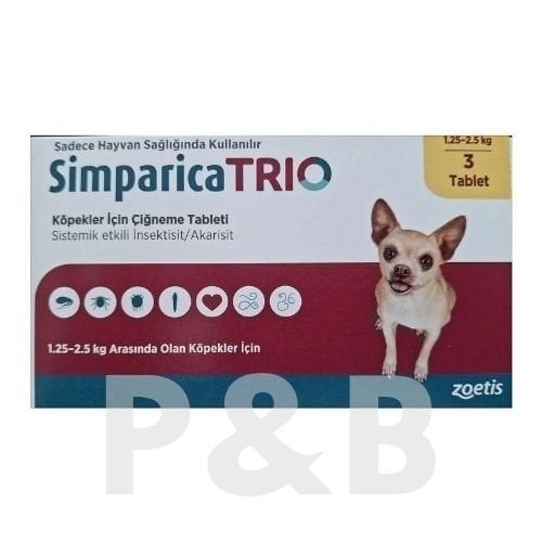 Simparica Trio 1.25 - 2.5 Kg Arası Köpekler İçin İç Dış Parazit Tableti ( 1 Kutu 3 Tablet İçerir )SKT:02.2027