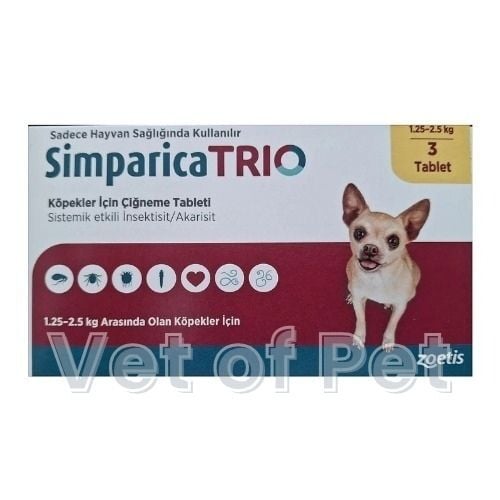 Simparica Trio 1.25 - 2.5 Kg Arası Köpekler İçin İç Dış Parazit Tableti ( 1 Kutu 3 Tablet İçerir )SKT:02.2027