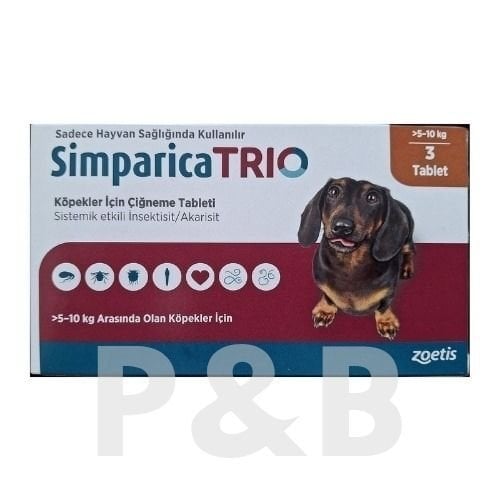 Simparica Trio 5 - 10 Kg Arası Köpekler İçin İç Dış Parazit Tableti ( 1 Kutu 3 Tablet İçerir ) SKT:05.2027