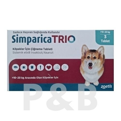 Simparica Trio 10 - 20  Kg Arası Köpekler İçin İç Dış Parazit Tableti ( 1 Kutu 3 Tablet İçerir )SKT:03.2027