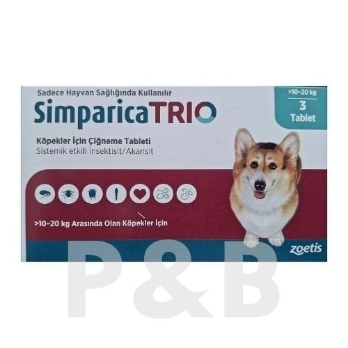 Simparica Trio 10 - 20  Kg Arası Köpekler İçin İç Dış Parazit Tableti ( 1 Kutu 3 Tablet İçerir )SKT:03.2027
