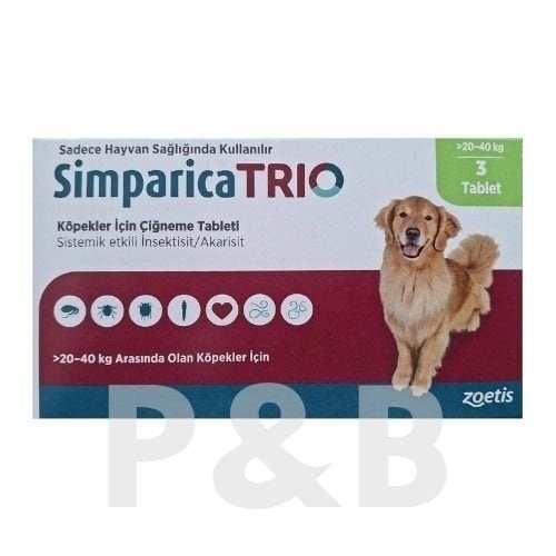 Simparica Trio 20-40  Kg Arası Köpekler İçin İç Dış Parazit Tableti ( 1 Kutu 3 Tablet İçerir )SKT:02.2027