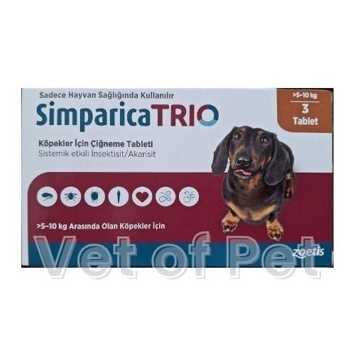 Simparica Trio 5 - 10 Kg Arası Köpekler İçin İç Dış Parazit Tableti ( 1 Kutu 3 Tablet İçerir ) SKT :05.2027